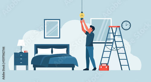 Man Installing New Light Bulb In Bedroom Interior Scene At Home