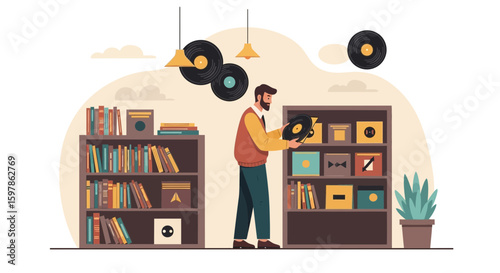 Man Inspecting Vintage Vinyl Record Collection At Home In Retro Styled Room