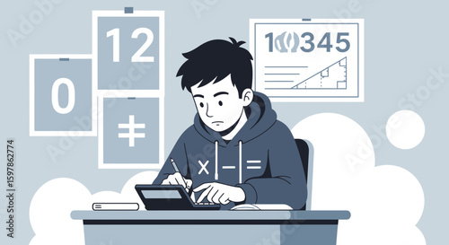 Boy Focused On Math Problem At The Table With Calculator And Paper