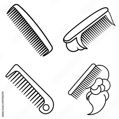 Illustration showing four different hair combs with varying designs and shapes in a simple line drawing