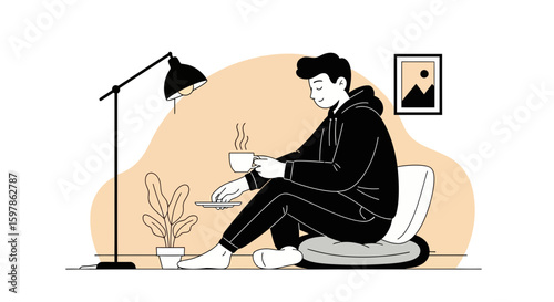 Cozy Morning Scene Man Enjoying Coffee At Home In Relaxed Environment