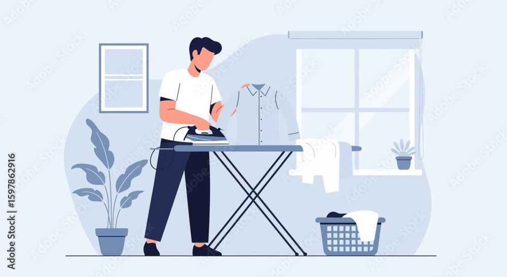 Man Ironing Shirt On Ironing Board At Home In A Light Blue Room