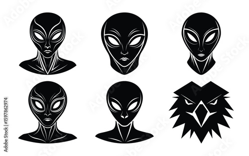 Vector art of collection of alien heads and a geometric eagle head