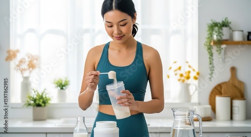 Asian woman in athletic wear preparing a protein shake in a bright kitchen