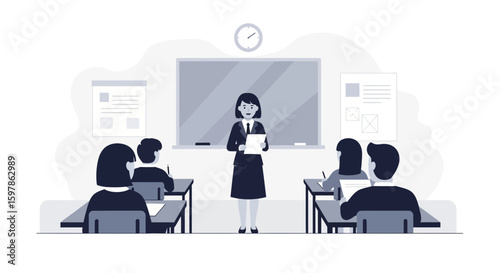 Elegant Classroom Scene Featuring Teacher and Students in an Academic Setting