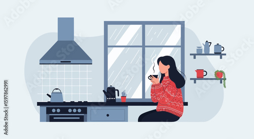 Cozy Morning: Woman Enjoying Hot Beverage in Kitchen on a Rainy Day