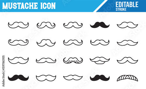 Mustache Icon Set Representing Different Grooming and Beard Styles