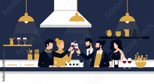 Elegant Evening Gathering Friends Celebrate With Wine In A Stylish Kitchen