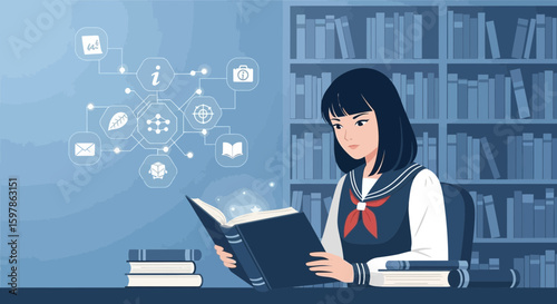 Girl Reading With Digital Icons Connecting To Her Book In Library Setting