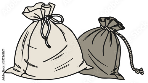 Illustration of two tied sack bags for storage and organization of items and materials in a simple style