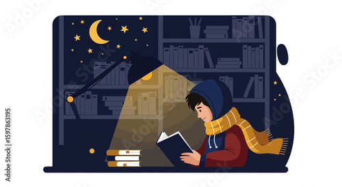 Cozy Nighttime Reading With Warm Lamp Light And Starry Sky Background
