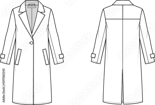 Long sleeve trench coat sketch, front and back view, coat with lapel collar, single button, fashion cad, technical vector