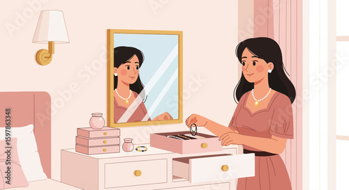 Elegant Lady Adorning Herself With Exquisite Jewels In Her Chic Boudoir
