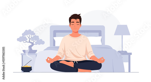 Man Meditating In Bedroom For Morning Mindfulness Practice And Inner Peace