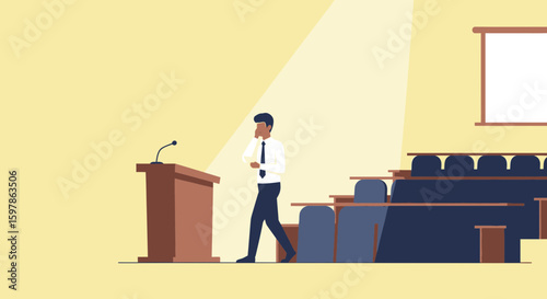 Elegant Presentation Scene With Man In Auditorium Thinking Before Speech