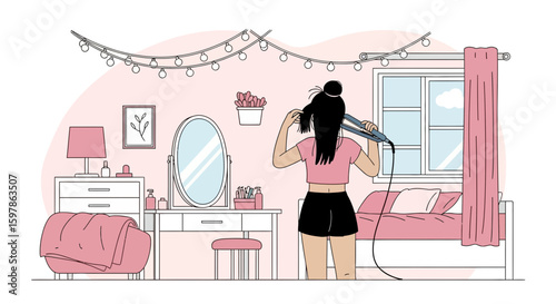 Girl Straightening Hair In Cozy Bedroom Under String Lights Illustration