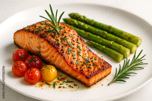 Grilled salmon fillet with asparagus and cherry tomatoes, a healthy gourmet meal.