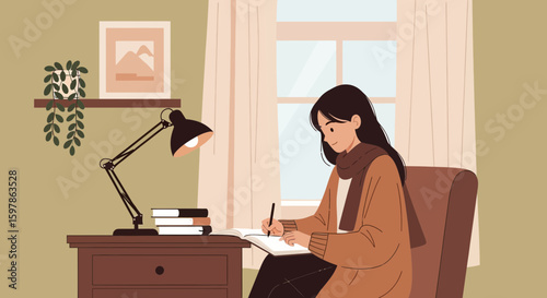 Cozy Study Scene Young Woman Engaged in Writing at Desk with Lamp and Books