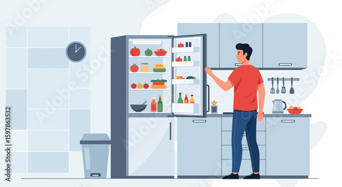 Man Opening Refrigerator Full Of Food In A Modern Kitchen At Home