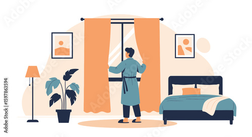 Man Opens Curtains In A Cozy Bedroom Revealing New Day Concept