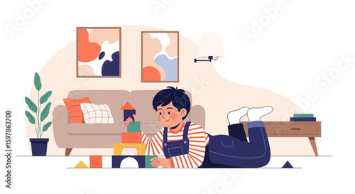 Boy Lying On Floor Playing And Building With Colorful Wooden Blocks