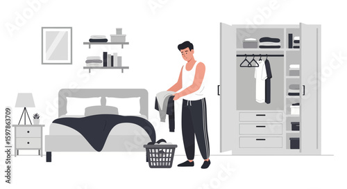 Man Organizes Clothes At Home Completing Chores In Bedroom With Open Wardrobe
