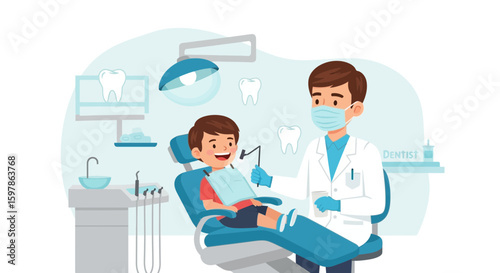 Boy Patient Smiling While Dentist Examines Him In Modern Dental Clinic