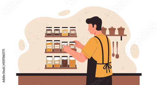 Man Organizing Jars Filled With Ingredients On Kitchen Shelves Illustration