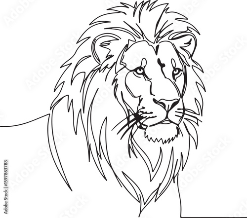 Single continuous line sketch of a lion with a flowing mane, abstract and stylish, perfect for modern home decor prints,