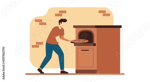 Man Placing Pizza Into A Brick Oven In A Kitchen Environment