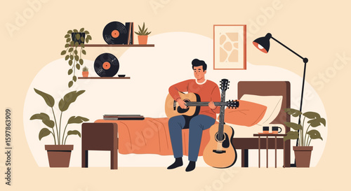 Man Playing Guitar In His Bedroom Enjoying Music Hobby Lifestyle