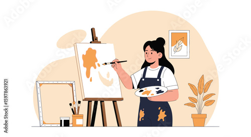 Creative Artist At Work Woman Painting on Canvas in Studio