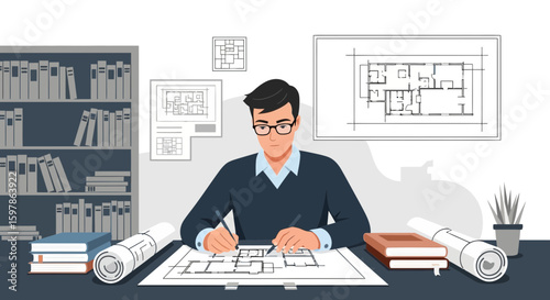 Creative Architect Working on Blueprint Design in Office Environment