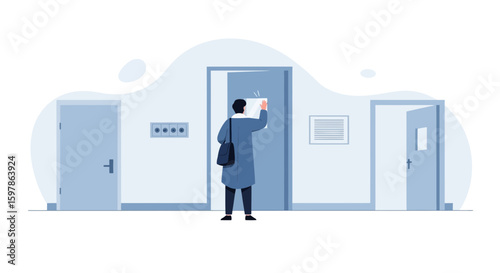 Man Posting Announcement on Door, Informational Graphic in Office Building