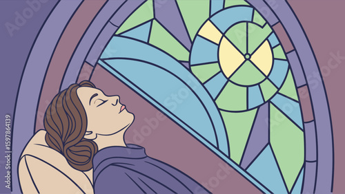 Woman sleeping stained glass window church light peaceful dream illustration vector art design graphic