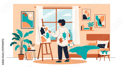 Creative Artist Painting On Canvas In Cozy Room At Home With Natural Light