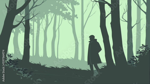 Silhouette man walking in misty forest vector art illustration for nature and outdoor background designs