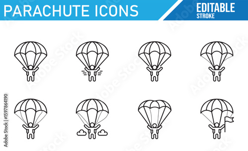 Collection of Parachute Icons Representing Skydivers and Celebrations