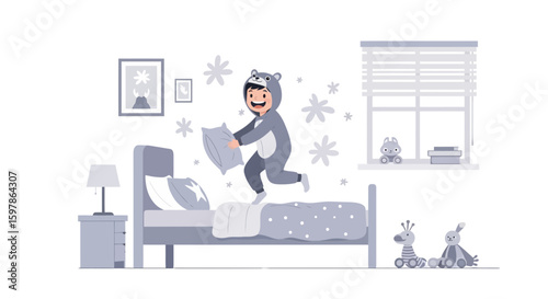 Energetic Boy In A Pajama Jumps On His Bed Holding A Pillow At Home