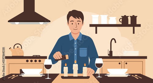 Man Prepares Romantic Dinner Lighting Candles With Wine In Minimalist Kitchen
