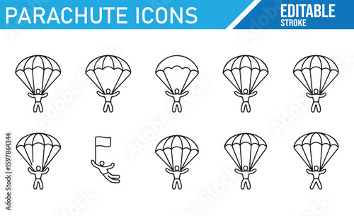 Set of Skydiving Parachute Icons Depicting Aerial Adventure

