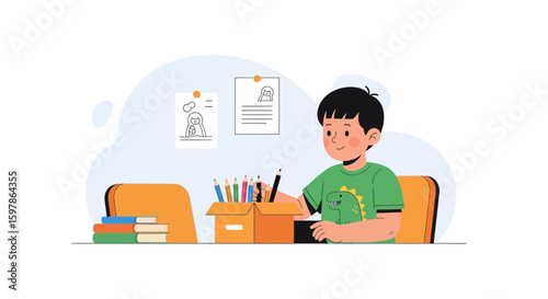 Creative Boy Drawing Pictures At Home On Desk During Homeschooling Time