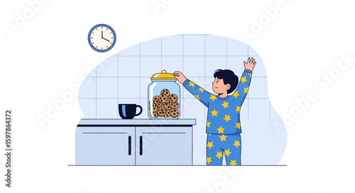 Boy Reaching For Cookies In Jar At Kitchen Counter In Pajamas Illustration