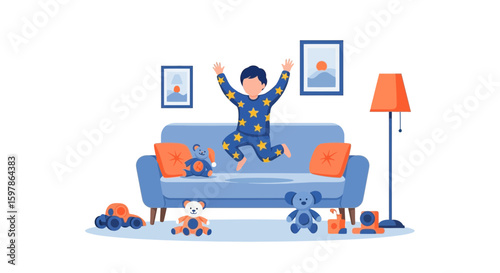Energetic Boy Jumping On Sofa In Pajamas Surrounded By Toys Joyful Moment