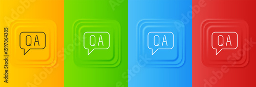 White Speech bubbles with Question and Answer icon isolated on colorful background. Q and A symbol. FAQ sign. Chat speech bubble and chart. Set icons in square buttons. Vector