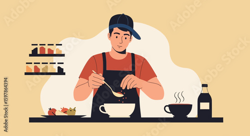 Man Preparing Aromatic Beverage In Kitchen With Fresh Ingredients And Spices