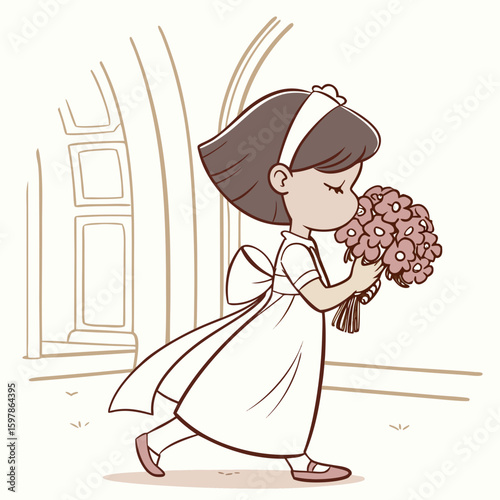 Illustration of girl smelling flowers in white dress with bow, cute flower girl art design idea