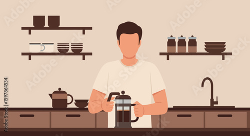 Man Preparing Coffee Using A French Press In Minimalist Style Kitchen
