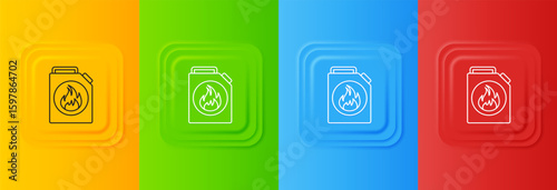 White Canister for flammable liquids icon isolated on colorful background. Oil or biofuel, explosive chemicals, dangerous substances. Set icons in square buttons. Vector