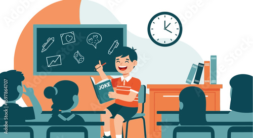 Boy Reads Joke From Book To Classmates In School Classroom Illustration